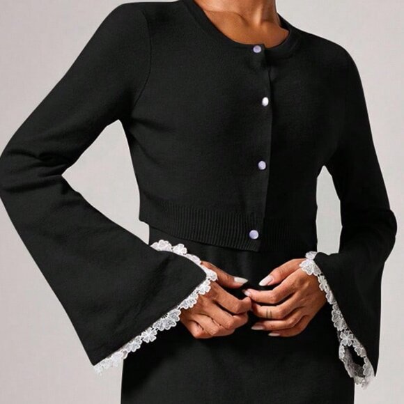 Black Elegant Women's Knit Sweater Lace detailed Dress & Cardigan Set - Picture 8 of 14